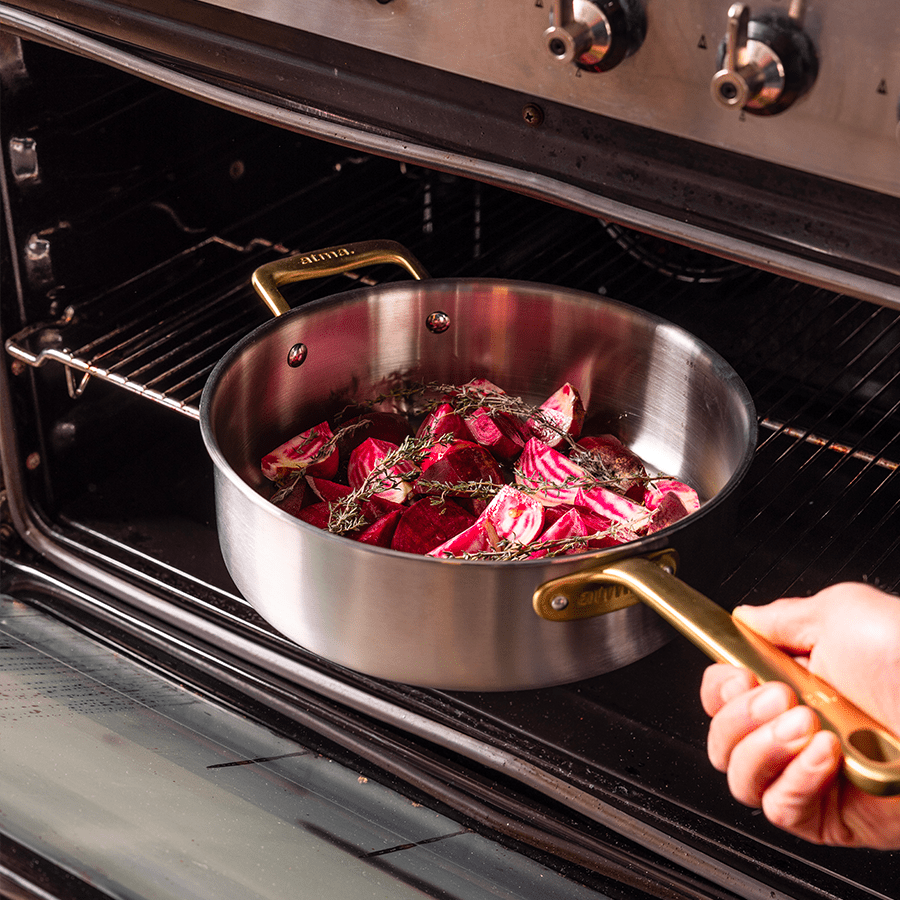 Batterie de cuisine en inox avec manches dorés, 19 pièces