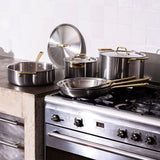 Batterie de cuisine en inox avec manches dorés, 19 pièces